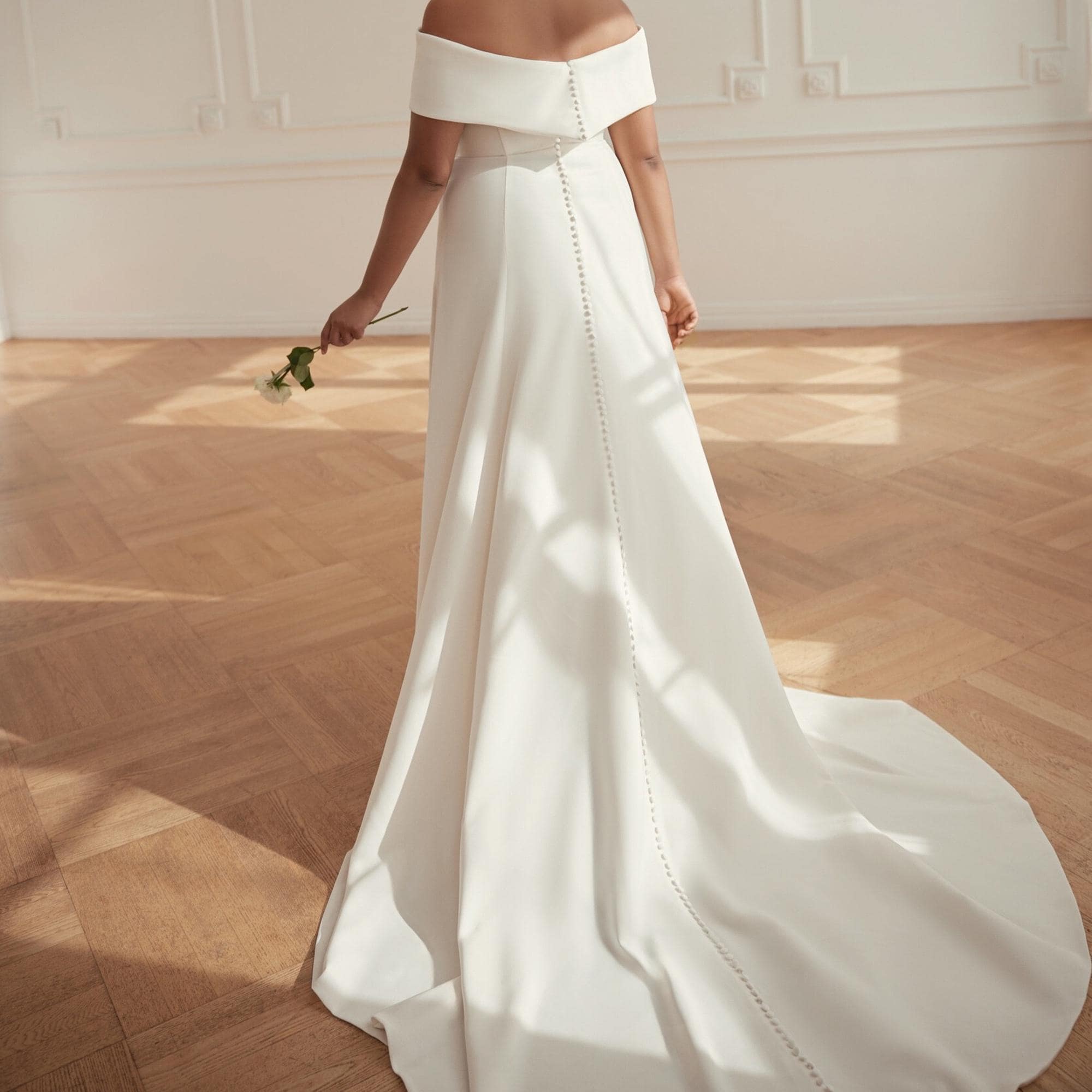 off-the-shoulder buttoned back crepe wedding dress Off-Shoulder Crepe Mermaid Wedding Dress: Custom Button-Back Bridal Gown