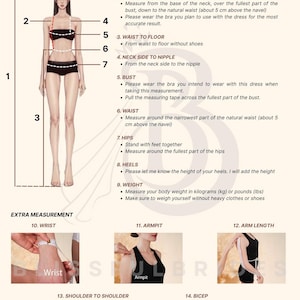 May include: Measurement guide with a diagram of a person and instructions for taking body measurements. Includes height, neck to waist, waist to floor, neck side to nipple, bust, waist, hips, heels, weight, wrist, armpit, arm length, shoulder to shoulder, and bicep.