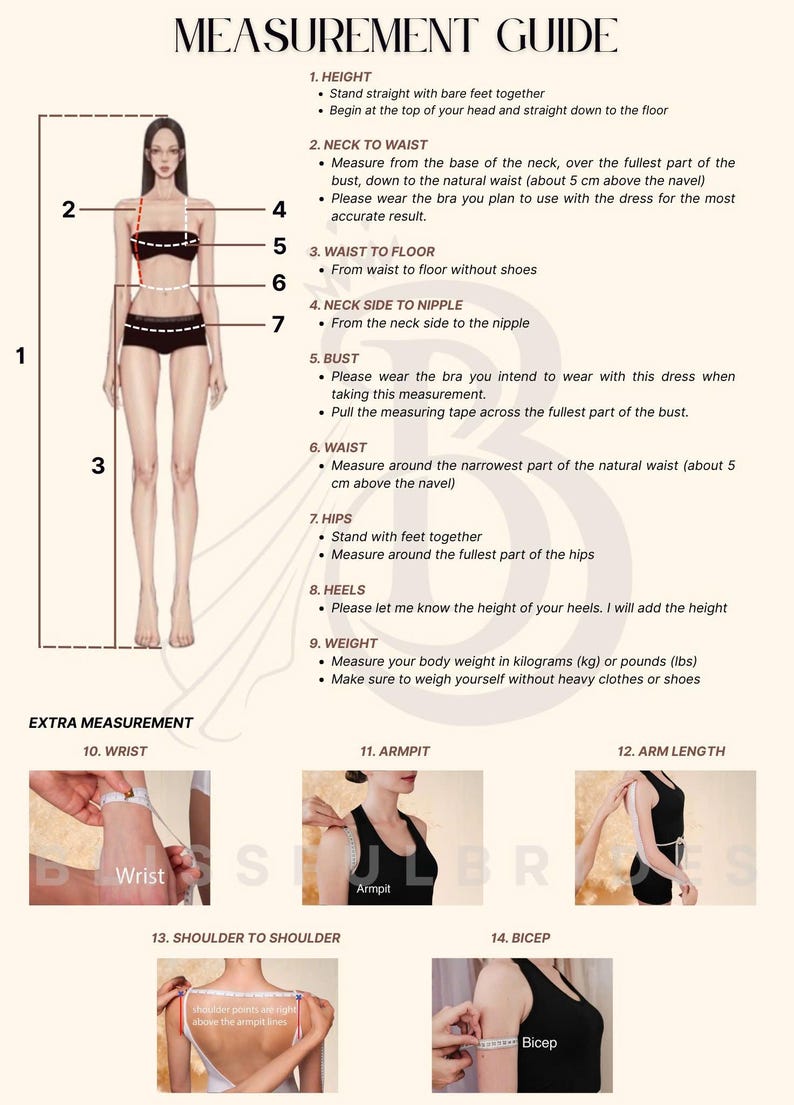 May include: Measurement guide with a diagram of a person and instructions for taking body measurements. Includes height, neck to waist, waist to floor, neck side to nipple, bust, waist, hips, heels, weight, wrist, armpit, arm length, shoulder to shoulder, and bicep.
