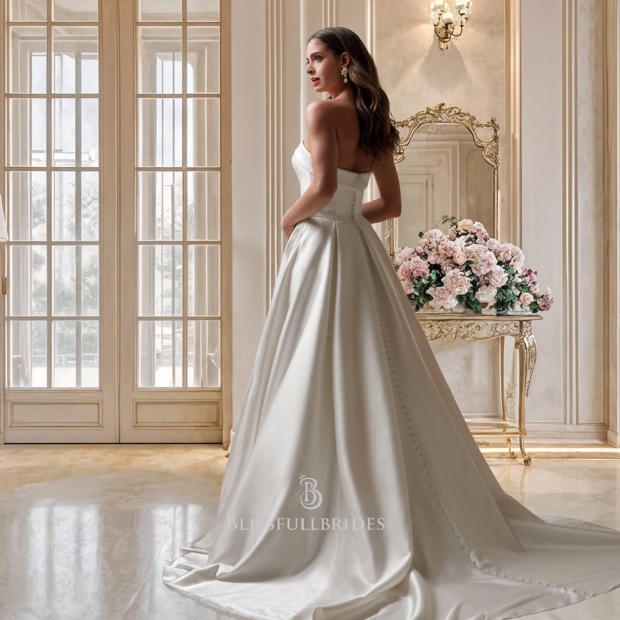 Strapless Satin Wedding Dress – Modern Minimalist Bridal Gown with Hidden Pockets & Covered Buttons- European bride style- Made to order