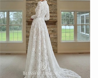 Bloemenkant trouwjurk lange mouw, romantische bruidsjurk, elegante kanten trouwjurk, boho trouwjurk op maat gemaakt