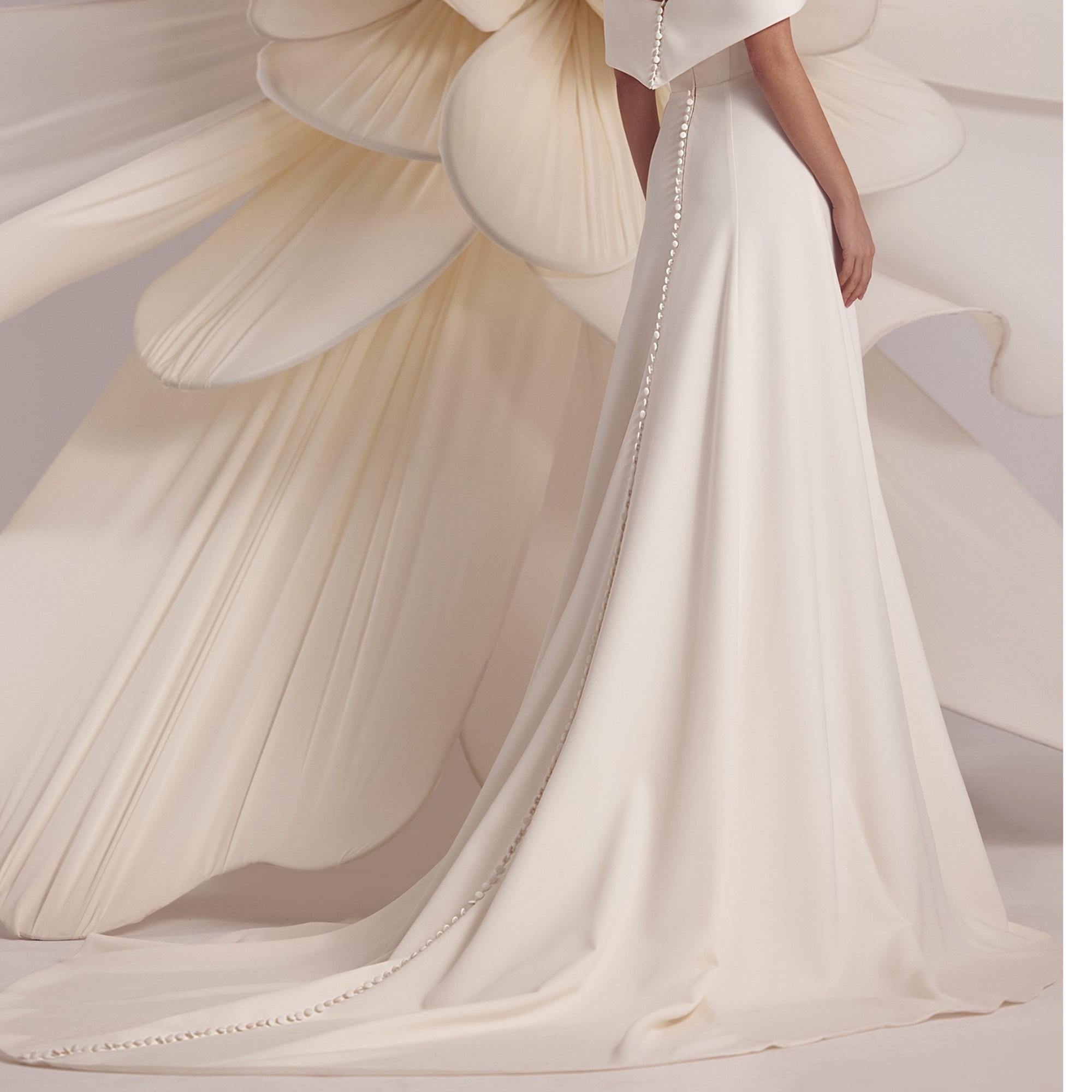 off-the-shoulder buttoned back crepe wedding dress Off-Shoulder Crepe Mermaid Wedding Dress: Custom Button-Back Bridal Gown
