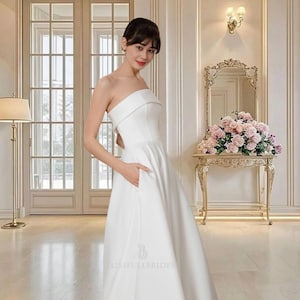 Minimalist Strapless Satin Wedding Dress: Folded Neckline, Hidden Pockets