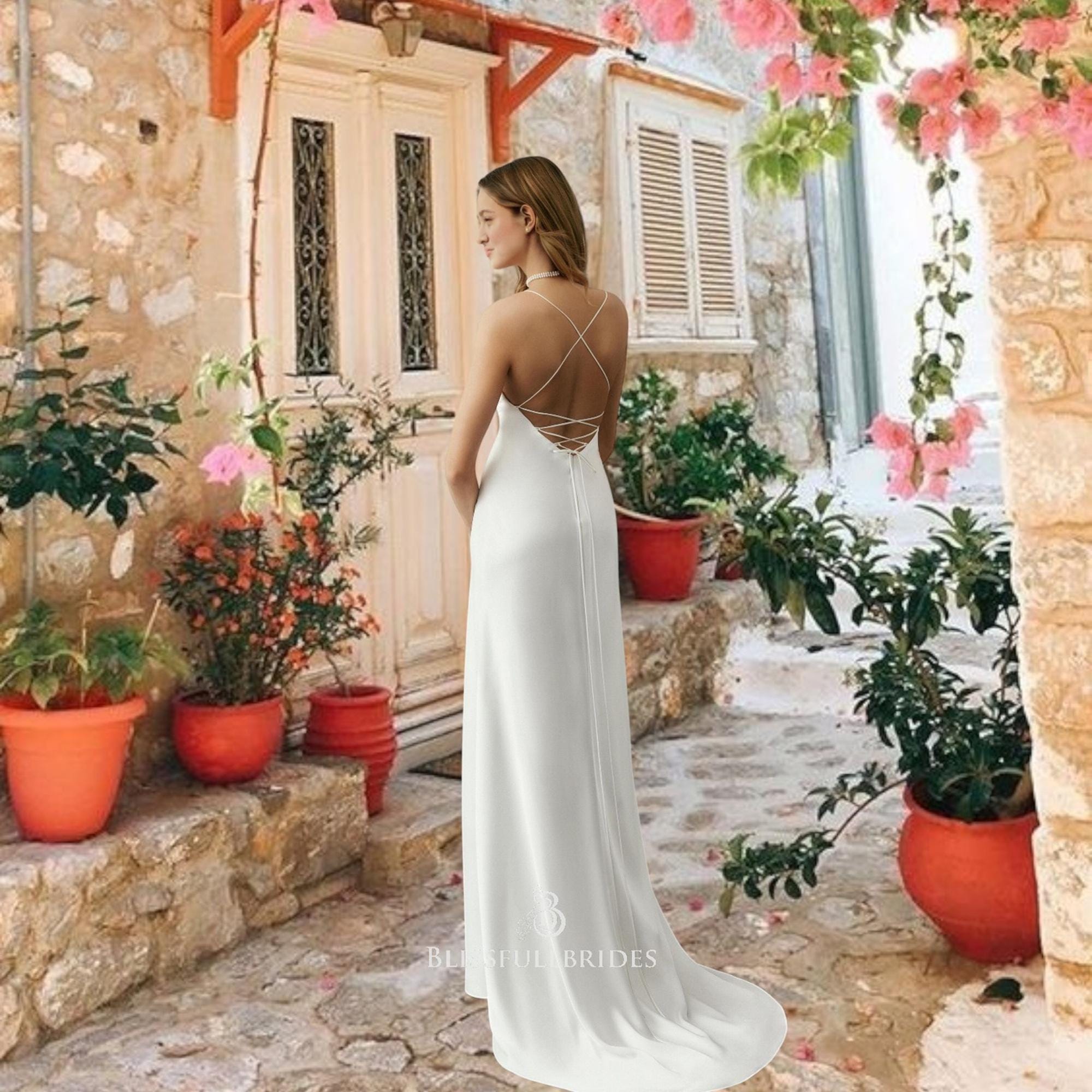 navy blue dress for baby girl Chic Spaghetti Straps Romantic Wedding Dresses Open Back Chiffon Bidal  Dresses JKP014 main image 0