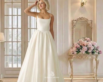 Custom Square Neck Spaghetti Strap Satin Wedding Gown, V-Waist Ruched Button Back