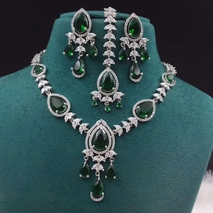 Emerald Zircon American Diamond Necklace Set: Indian Bridal Jewelry