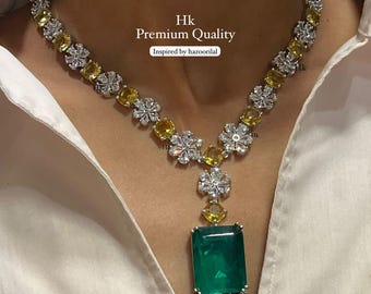 Green Pendant American Diamond Choker Necklace Set: Silver-Tone Indian Jewelry