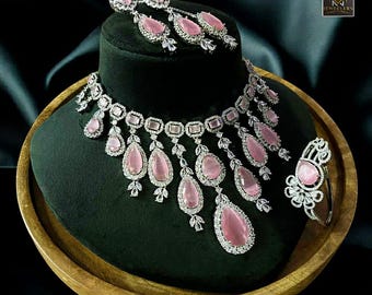 Pink American Diamond Necklace Set: Indian Bollywood CZ Jewelry