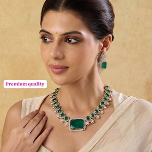 Emerald Green American Diamond Necklace Set: Rose Gold CZ Jewelry