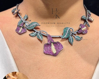 Floral Green Pink Fine Cz Necklace Set: Ruby Pink CZ Indian Jewelry