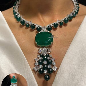 Green Emerald American Diamond Necklace Set / CZ Necklace/Indian Jewelry/ Reception Jewelry/ Bollywood Jewelry/Silver Green Husli Design