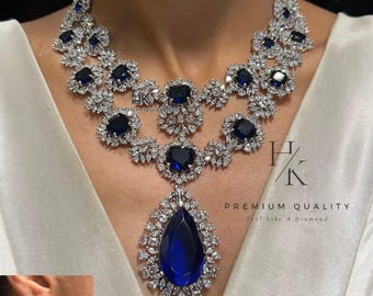 Layered Emerald American Diamond Necklace Set / CZ Necklace/Indian Jewelry/ Reception Jewelry/ Bollywood Jewelry/Silver white Green Blue Red