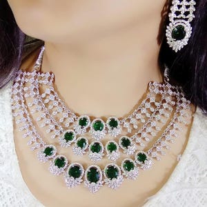 Emerald diamond Triple layer  Necklace set, American Diamond Necklace, Elegant Jewelry, bridal Jewelry, Indian jewelry,Pakistani jewelry