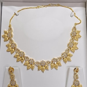 Golden cz flower design necklace American Diamond Necklace Set / CZ Necklace/Indian Jewelry/ Reception Jewelry/ Bollywood Jewelry