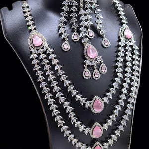 Pink American Diamond Bridal Jewelry Set: Necklace, Earrings, Tikka