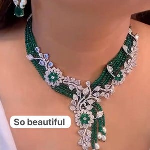 Green American Diamond crystal Moti Necklace Set with earring  / CZ Necklace/Indian Jewelry/ Reception Jewelry/ Bollywood Jewelry