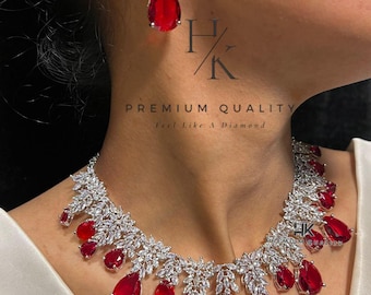 Red American Diamond Choker Necklace Set: Floral CZ Indian Jewelry