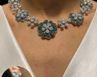 Floral American Diamond Necklace Set: Ruby Pink CZ Indian Jewelry