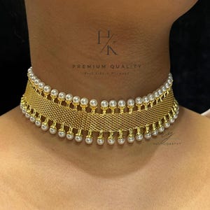Golden Pearl Choker design necklace Gold Plated 22ct Necklace Set with Tikka Earring /Indian Jewelry/ Reception Jewelry/ Bollywood Jewelry