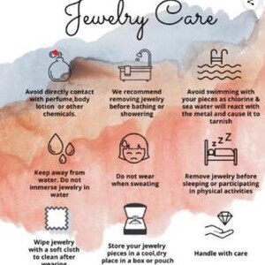May include: A colorful infographic with nine tips for jewelry care. The tips include avoiding contact with perfume, body lotion, and chemicals, removing jewelry before bathing or showering, avoiding swimming with jewelry, keeping jewelry away from water, not wearing jewelry when sweating, removing jewelry before sleeping or participating in physical activities, wiping jewelry with a soft cloth, storing jewelry in a cool, dry place, and handling jewelry with care.