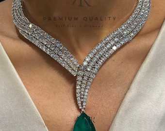 American Diamond Choker Necklace Set: Winged Design, Silver Green