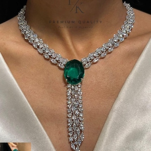 Green Emerald American Diamond Necklace Set / CZ Necklace/Indian Jewelry/ Reception Jewelry/ Bollywood Jewelry/Silver Green Minimalist