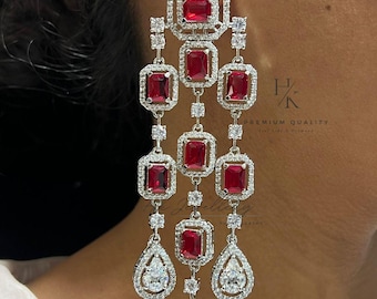 Brincos pendentes de zircônia cúbica vermelha e prateada: joias com diamantes americanos