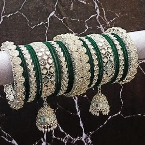 Green Color Indian Bridal Bangle Set with Center Mirror jhumka Kundan Kada, Wedding Bangles, Indian Pakistani Jewelry, Bridal Bangles Stack