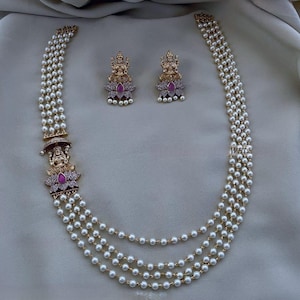 Goddess Pearl Necklace Set: Gold Plated American Diamond Indian Jewelry