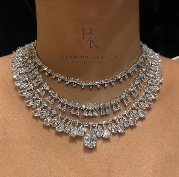 Layered CZ Necklace Set: Silver-Tone Emerald Green Drop Earrings