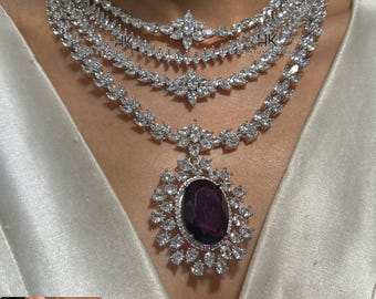 Purple Layered American Diamond Necklace Set with Earrings, Colors Available