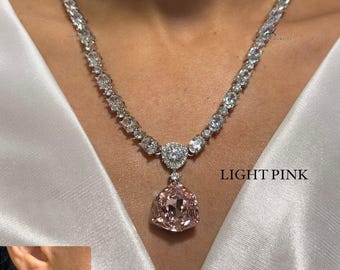 Pink CZ Solitaire Pendant Necklace: Silver American Diamond Style