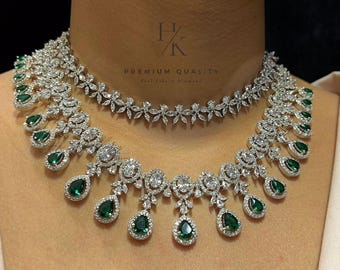 Green American Diamond Layered Necklace Set: Platinum Tone CZ Jewelry