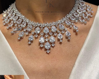 White Emerald American Diamond Necklace Set / CZ Necklace/Indian Jewelry/ Reception Jewelry/ Bollywood Jewelry/Silver  Minimalist