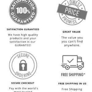 May include: Four black and white icons with text. The first icon shows a 100% satisfaction guarantee. The second icon shows a lowest price promise. The third icon shows a secure ordering process. The fourth icon shows free shipping in the US.