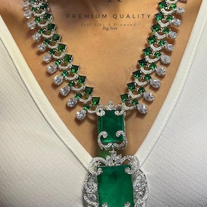 Green Emerald American Diamond Necklace Set / CZ Necklace/Indian Jewelry/ Reception Jewelry/ Bollywood Jewelry/Silver Green Neeta Ambani set