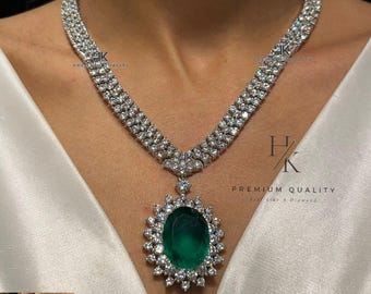 May Emerald Green CZ Necklace Set: Indian Bollywood Jewelry