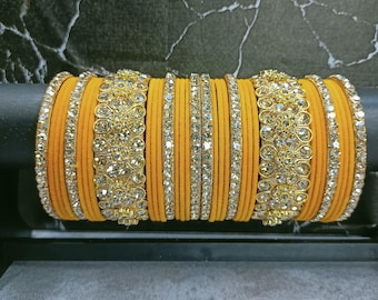 Yellow Color Indian Bridal Bangle Set with Center Kundan Kada,  Kundan Kada, Wedding Bangles, Indian Pakistani Jewelry, Bridal Bangles Stack