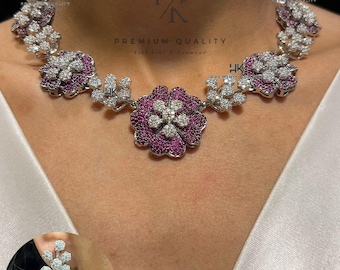 American Diamond Floral Necklace Set: Ruby Pink CZ Indian Jewelry
