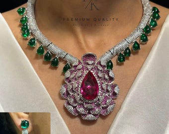 American Diamond Necklace Set in Silver Ruby Green color/CZ Necklace/Indian Jewelry/Bollywood Jewelry
