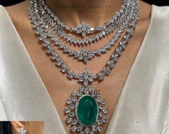 Green Layered American Diamond Necklace Set with Earrings, Colors Available