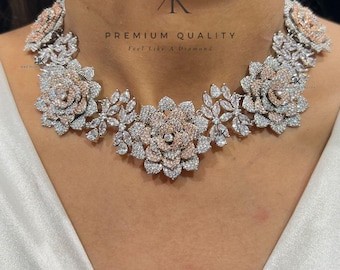 Silver Peach American Diamond Floral Necklace Set: Ruby Pink CZ Indian Jewelry
