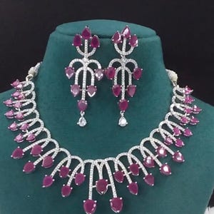 Pink Leaf American Diamond Necklace Set / CZ Necklace/Indian Jewelry/ Reception Jewelry/ Bollywood Jewelry/Silver Pink