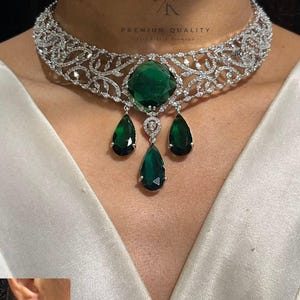Emerald Green Choker Necklace Set: American Diamond (AD) Wedding Jewelry