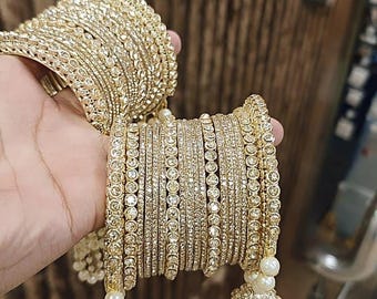 Golden Indian Wedding Bangles Set , Pom Pom Bangle set for womens, Taselled Kundan Jhumki Bangle Set, Pacheli Design Kundan Hanging Jhumki