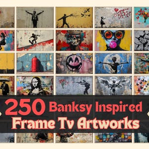 250 op Banksy geïnspireerde frame tv-kunst, Samsung Frame tv-bundel, modern TheFrame Street-kunstwerk, televisielijstfoto, tv-behangdecoratie