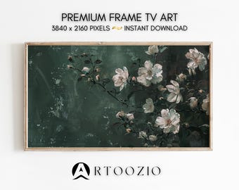 Flower Painting Frame TV Art, Antique Dark Green Peach Wildflower Screensaver, Earthy Organic Floral Vintage Botanical Summer Decor Samsung