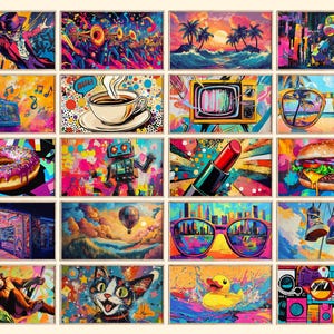 May include: A collage of colorful, abstract images with various themes, including music, food, nature, and technology. The images are arranged in a grid pattern and feature bright colors, bold lines, and playful designs.