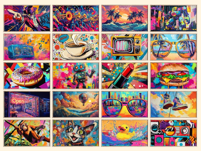 May include: A collage of colorful, abstract images with various themes, including music, food, nature, and technology. The images are arranged in a grid pattern and feature bright colors, bold lines, and playful designs.