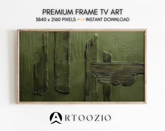 May include: Abstract olive green textured art print for TV screens. The artwork features vertical and horizontal textured lines in a rectangular wooden frame. The text "PREMIUM FRAME TV ART" and "3840 x 2160 PIXELS ~ INSTANT DOWNLOAD" are at the top.